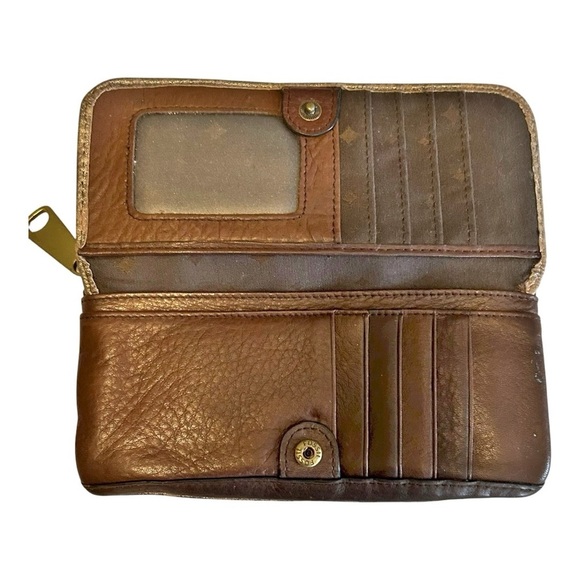 Fossil Cow Hide Leather Explorer Clutch Wallet in Gold Tone Metallic and Brown - Picture 3 of 6
